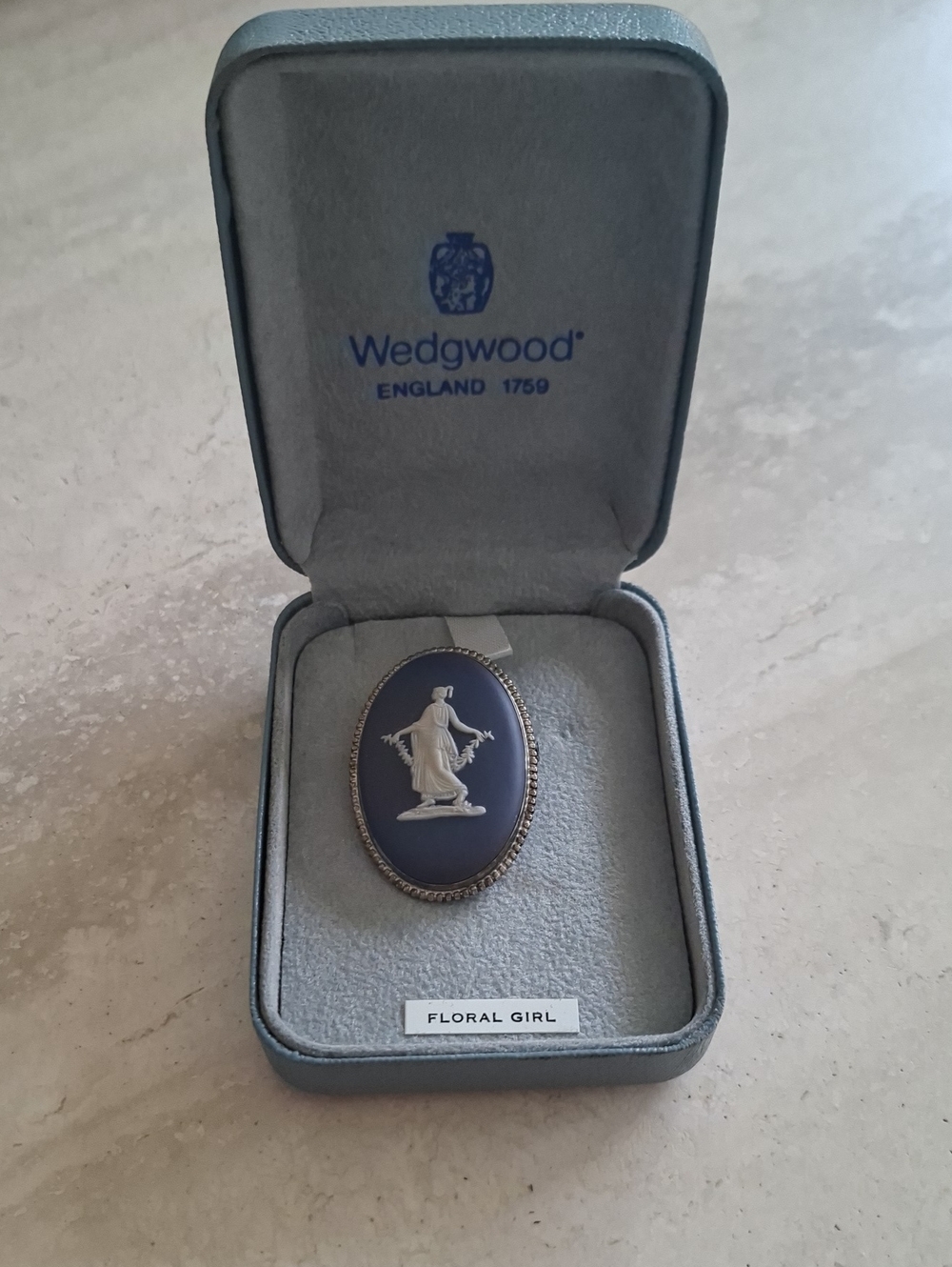 Wedgwood Blue and White Jasperware Floral Girl Brooch in Silver Frame